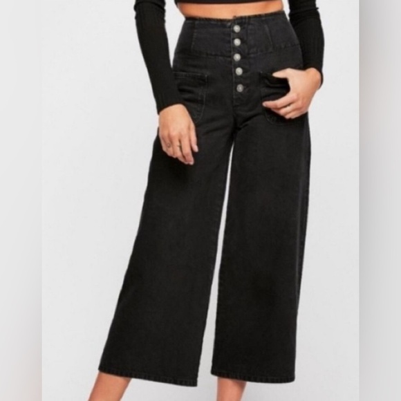 Free People High Waisted Wide Leg Black Jeans Size 25 - Picture 1 of 13